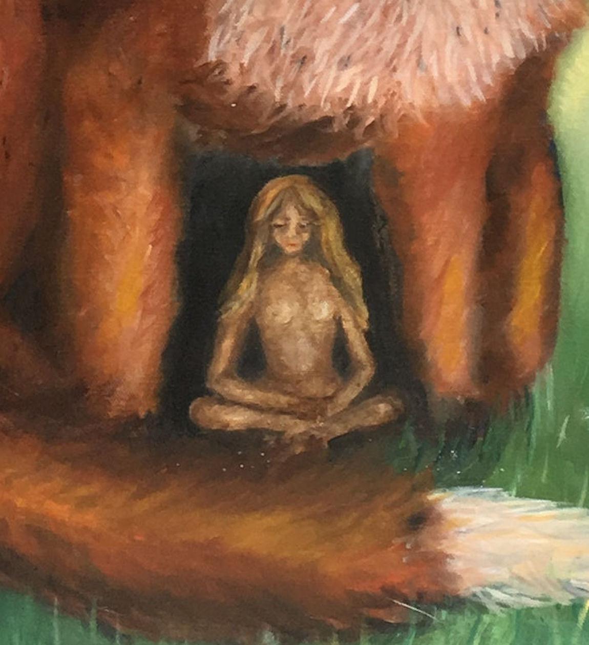 Contemporary, naturalistic oil on canvas painting by the Danish painter Bente Ørum, 2016.

... the fox is the main character in this painting... or is it the young girl who is hiding/living inbetween his legs?

About the artist:
Bente Ørum's