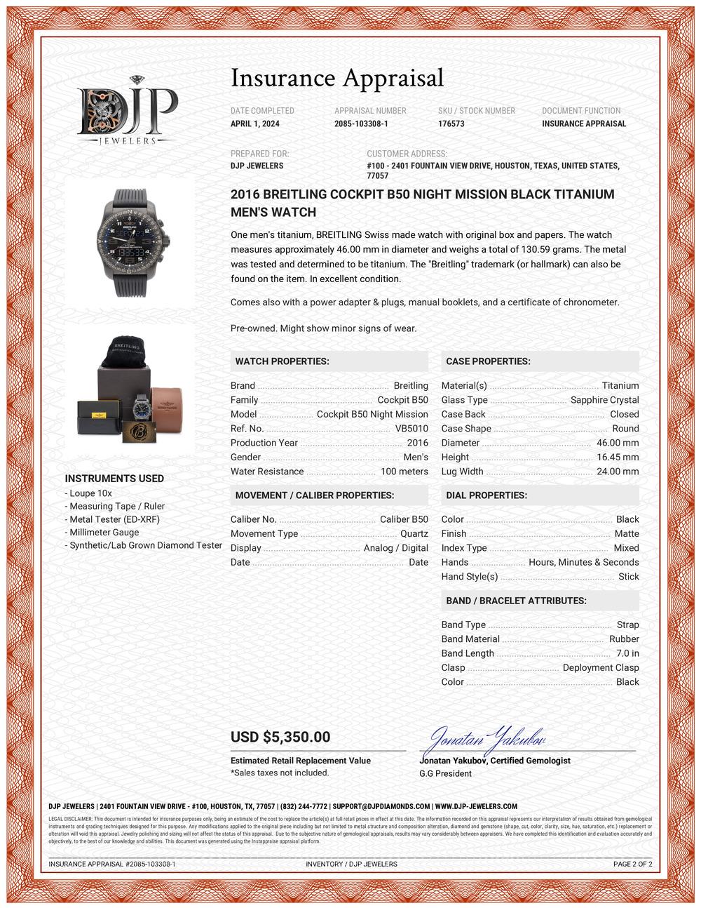 2016 Breitling Cockpit B50 VB5010 Night Mission Black Titanium Men’s Watch For Sale 4