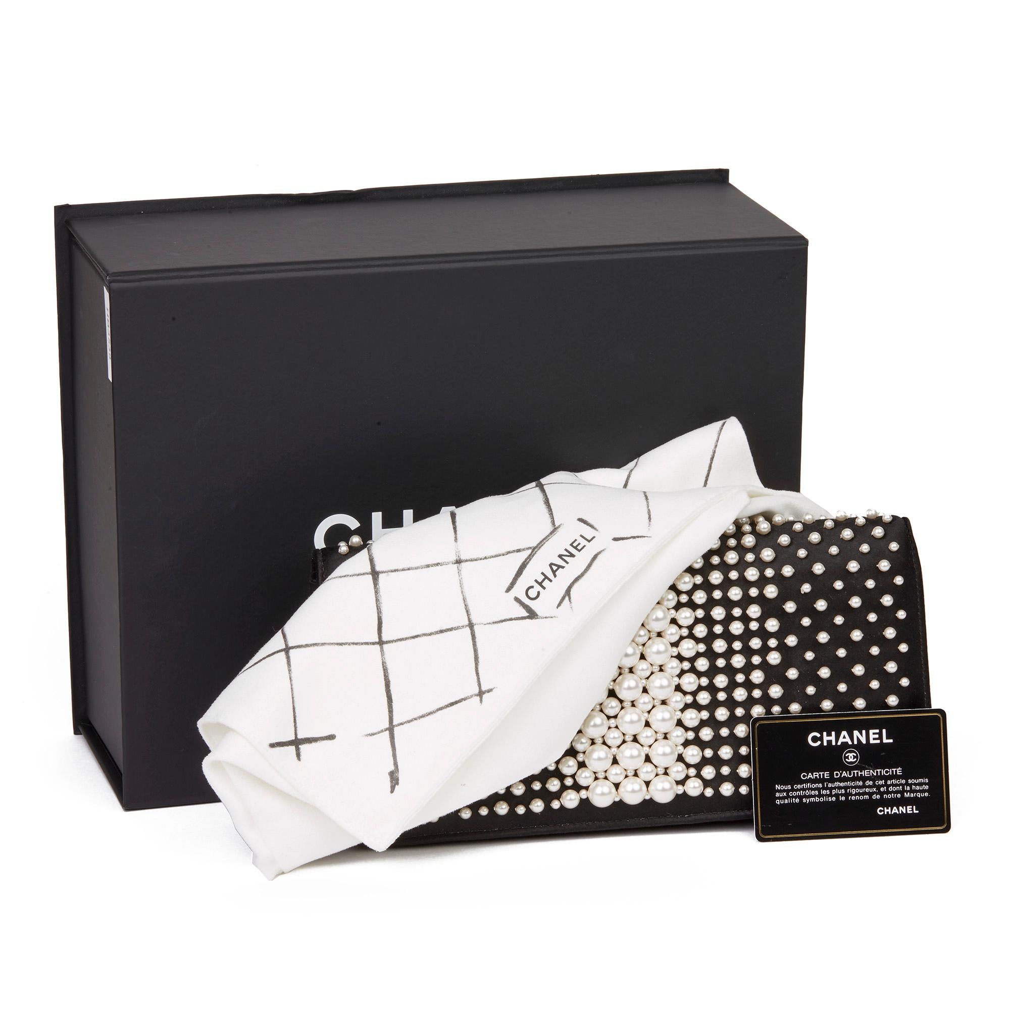 2016 Chanel Black Embellished Quilted Satin Pearl Flap Bag 7