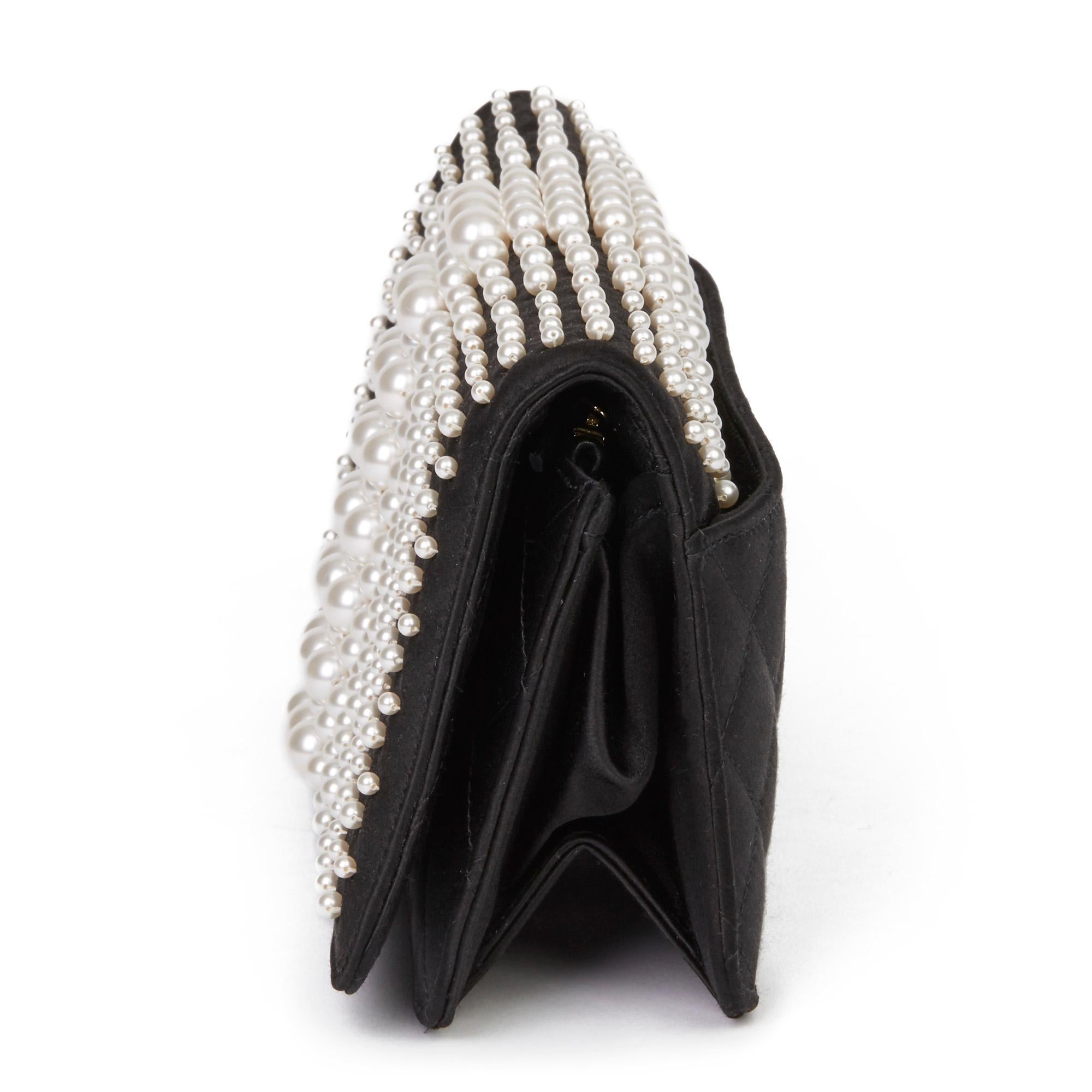 2016 Chanel Black Embellished Quilted Satin Pearl Flap Bag In Excellent Condition In Bishop's Stortford, Hertfordshire