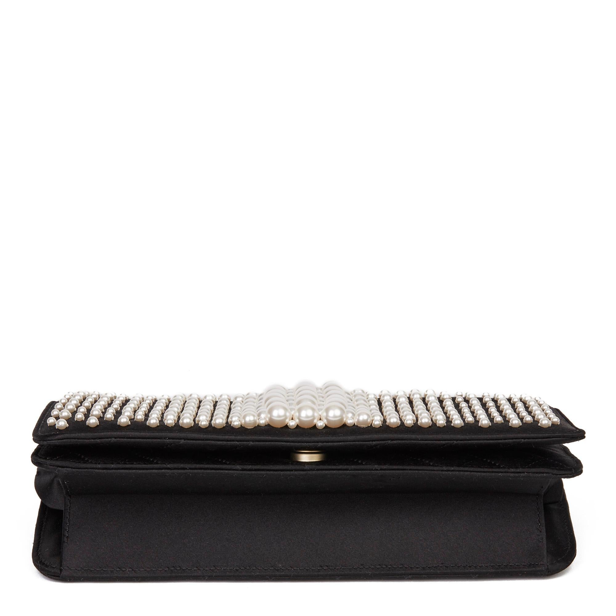 2016 Chanel Black Embellished Quilted Satin Pearl Flap Bag 1