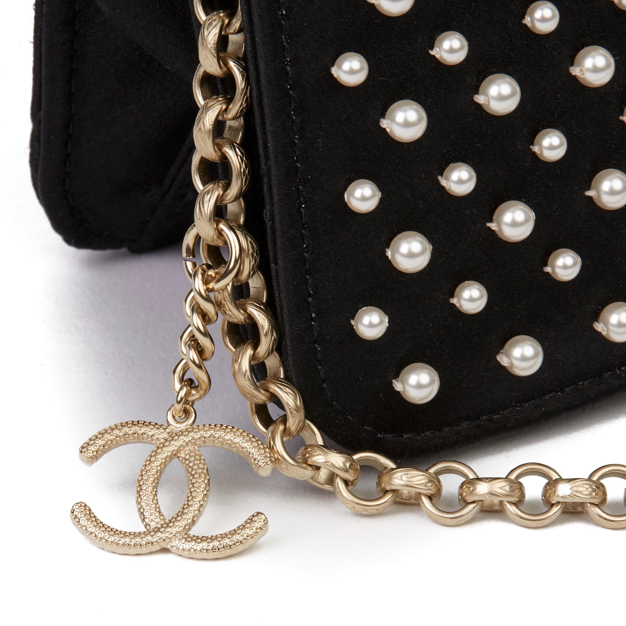 2016 Chanel Black Embellished Quilted Satin Pearl Flap Bag 2