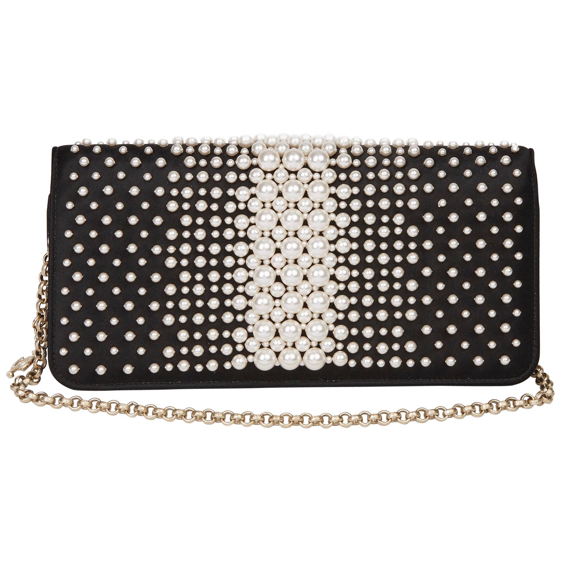 2016 Chanel Black Embellished Quilted Satin Pearl Flap Bag