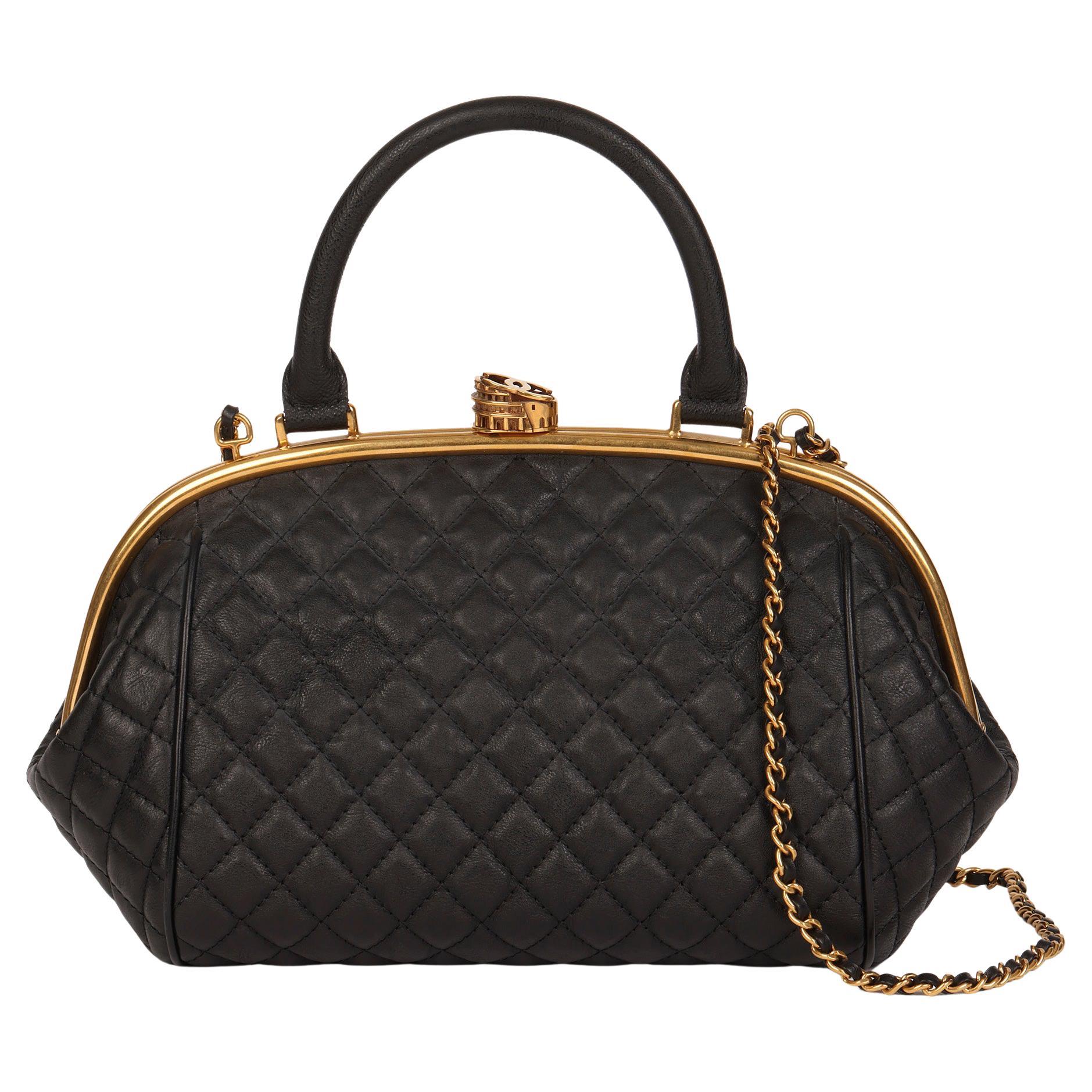 Chanel Black Alligator Kisslock Frame Clutch Shoulder Bag with Chain Antiqued Gold Hardware, 2015 (Very Good)