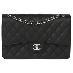 2016 Chanel Black Quilted Caviar Leather Jumbo Classic Double Flap Bag