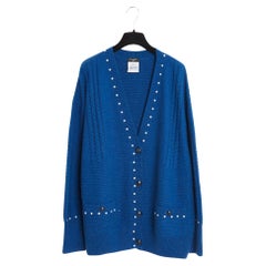 2016 Chanel Cotton Cashmere Blue Pearls Cardigan FR44/48