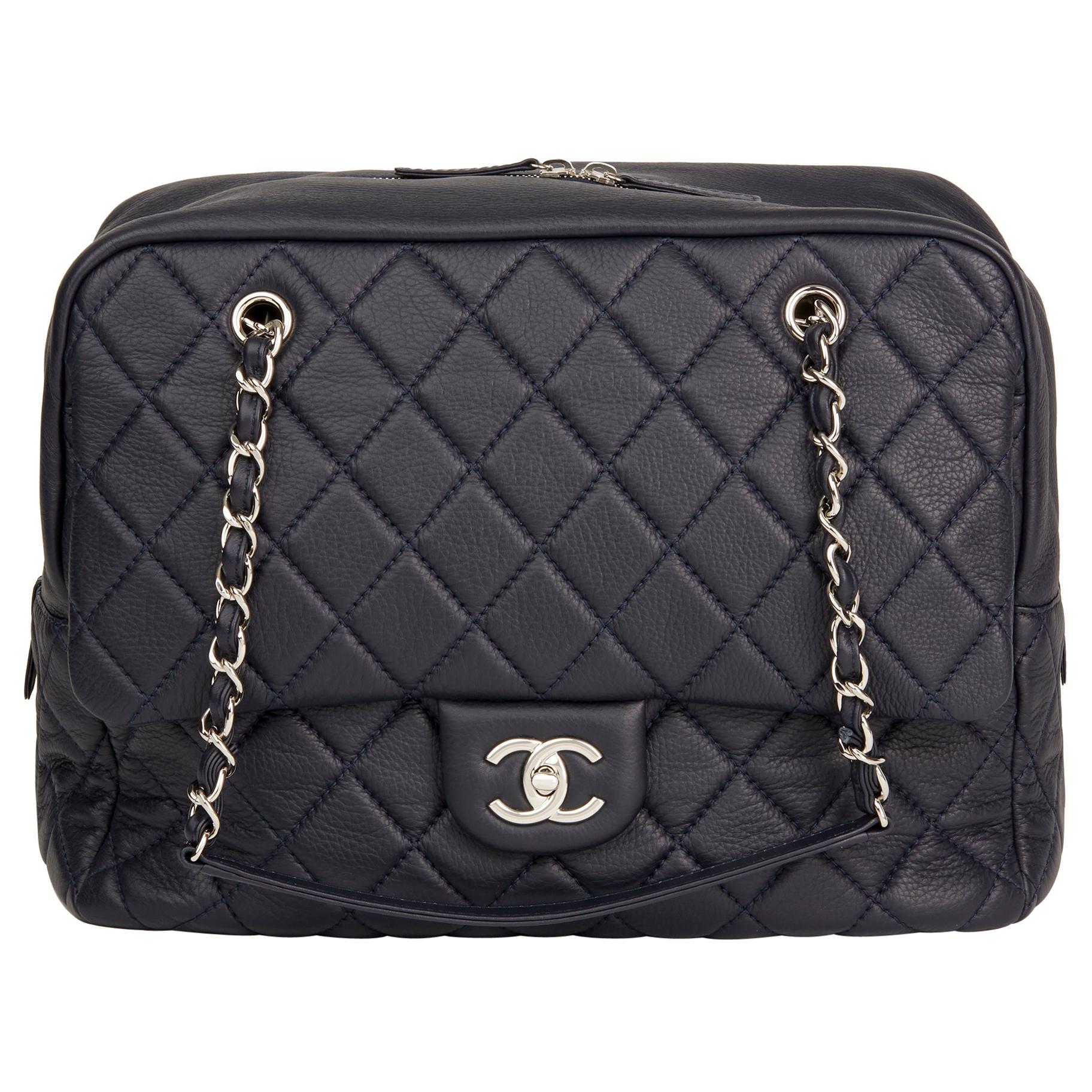 2016 Chanel Navy Quilted Calfskin Leather Jumbo Classic Camera Bag