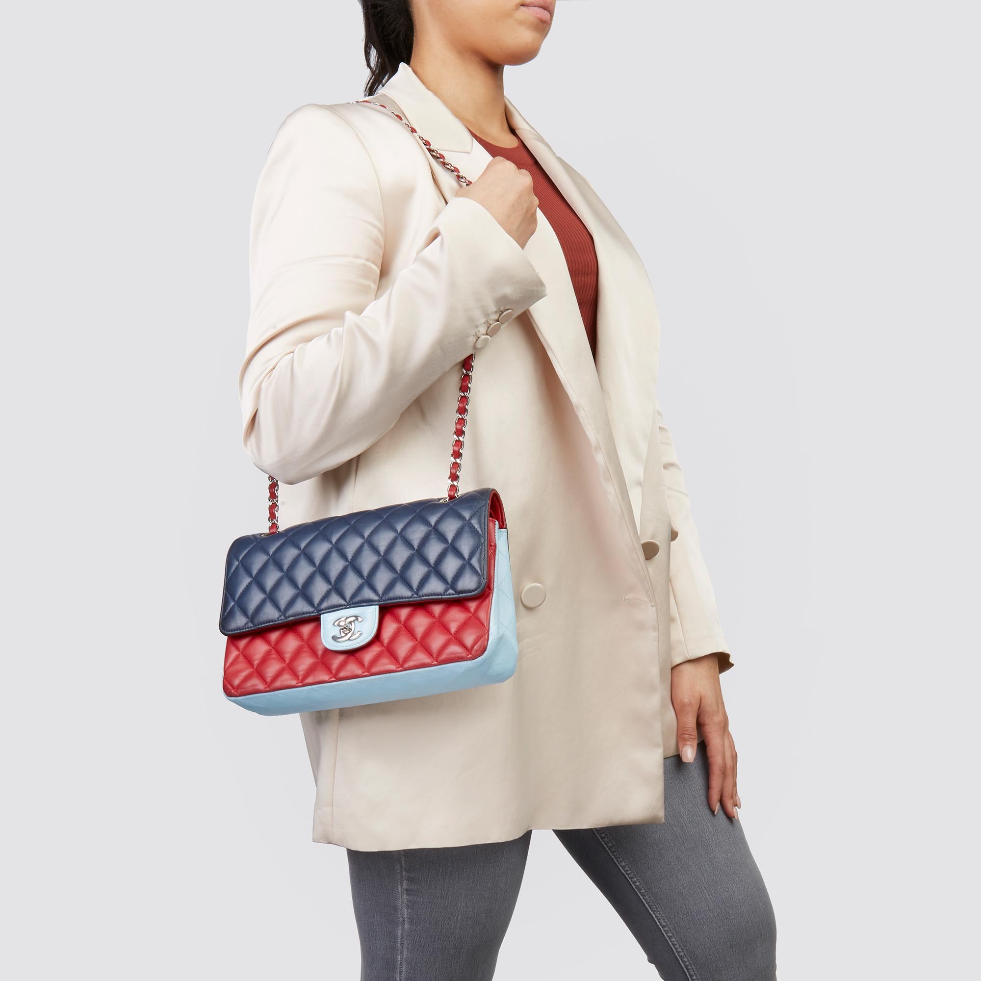 Black 2016 Chanel Red, Navy & Light Blue Lambskin Medium Classic Double Flap Bag 