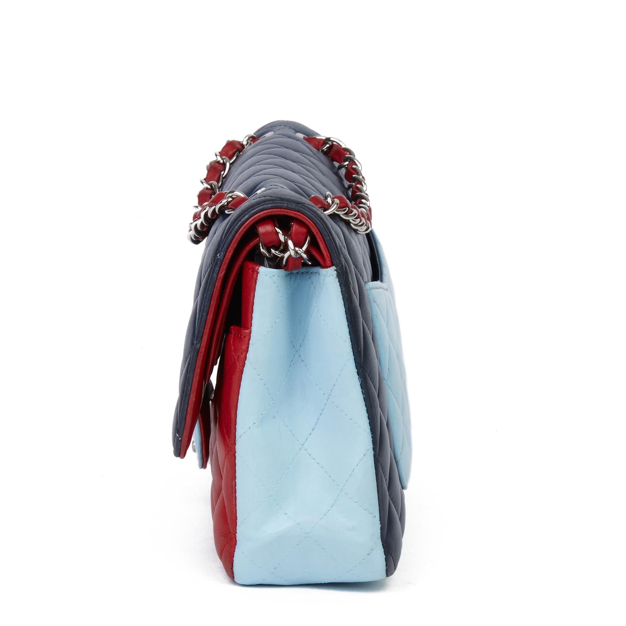 Women's 2016 Chanel Red, Navy & Light Blue Lambskin Medium Classic Double Flap Bag 