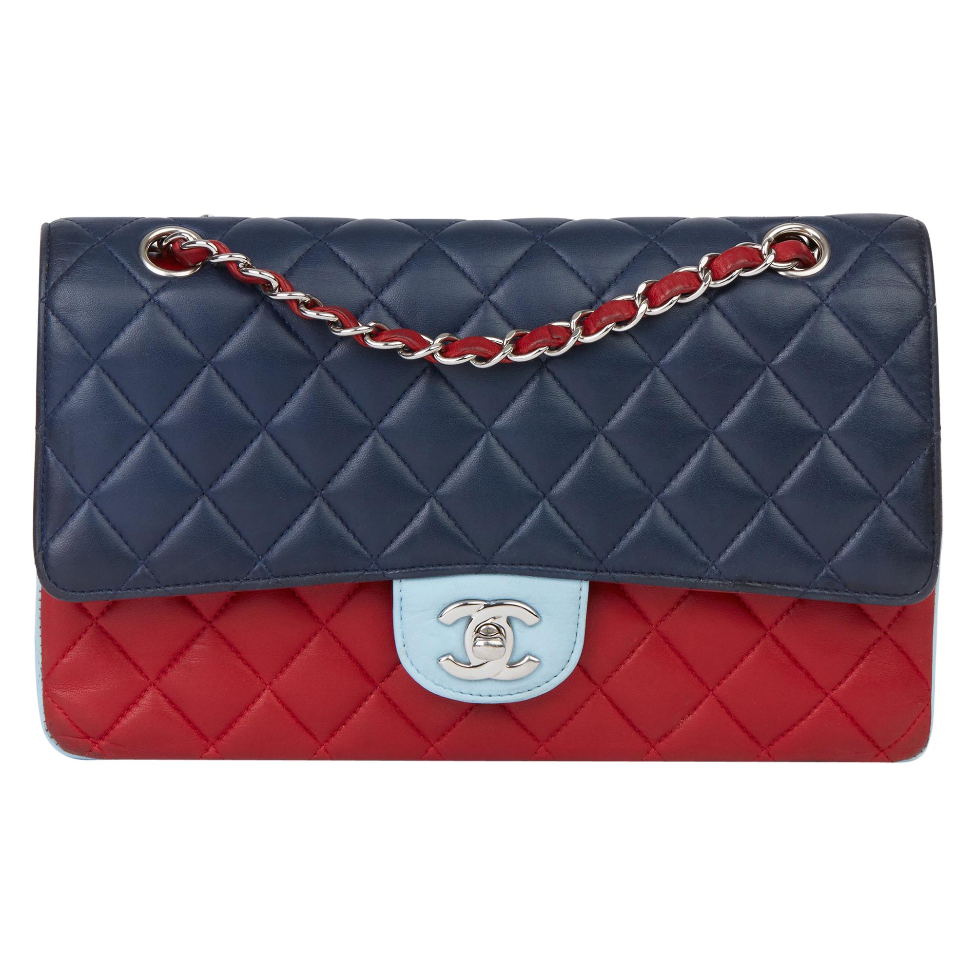 2016 Chanel Red, Navy and Light Blue Lambskin Medium Classic Double ...