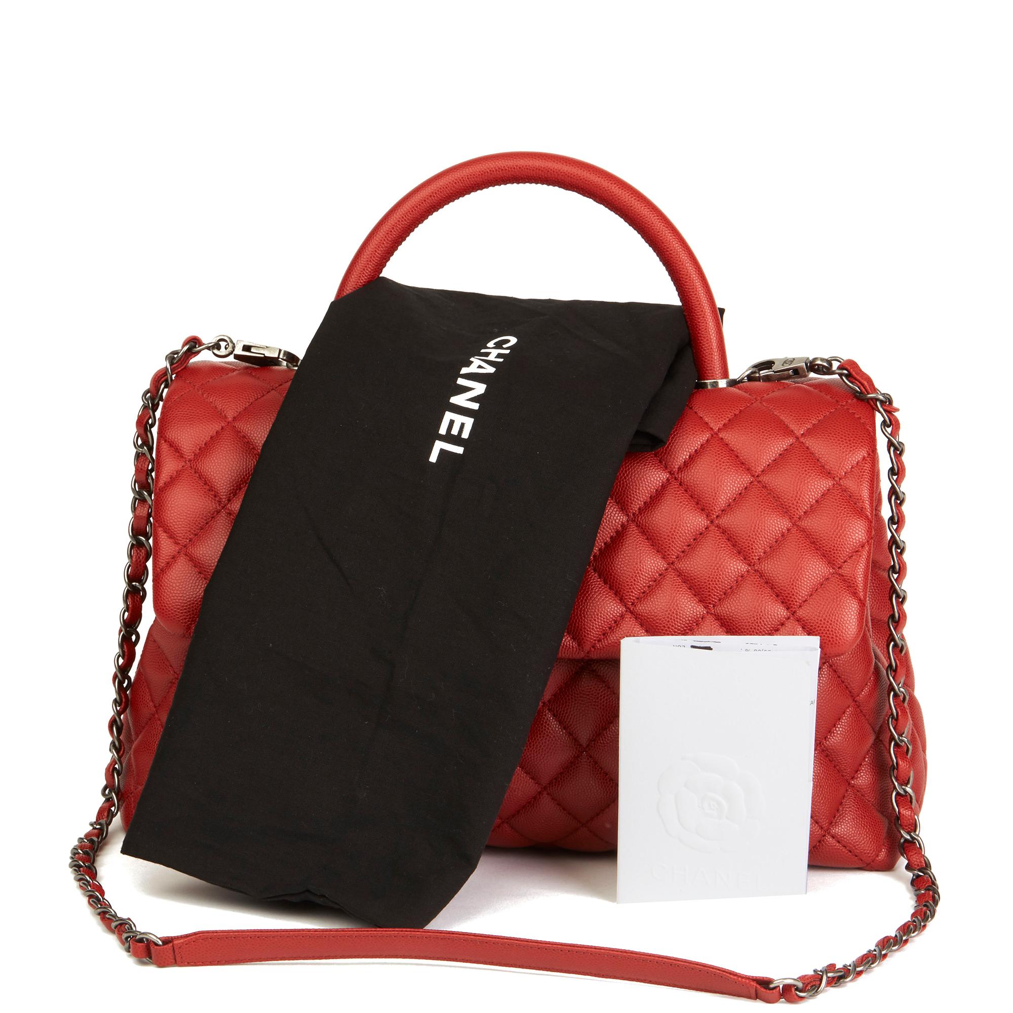 2016 Chanel Red Quilted Caviar Leather Medium Coco Handle 4