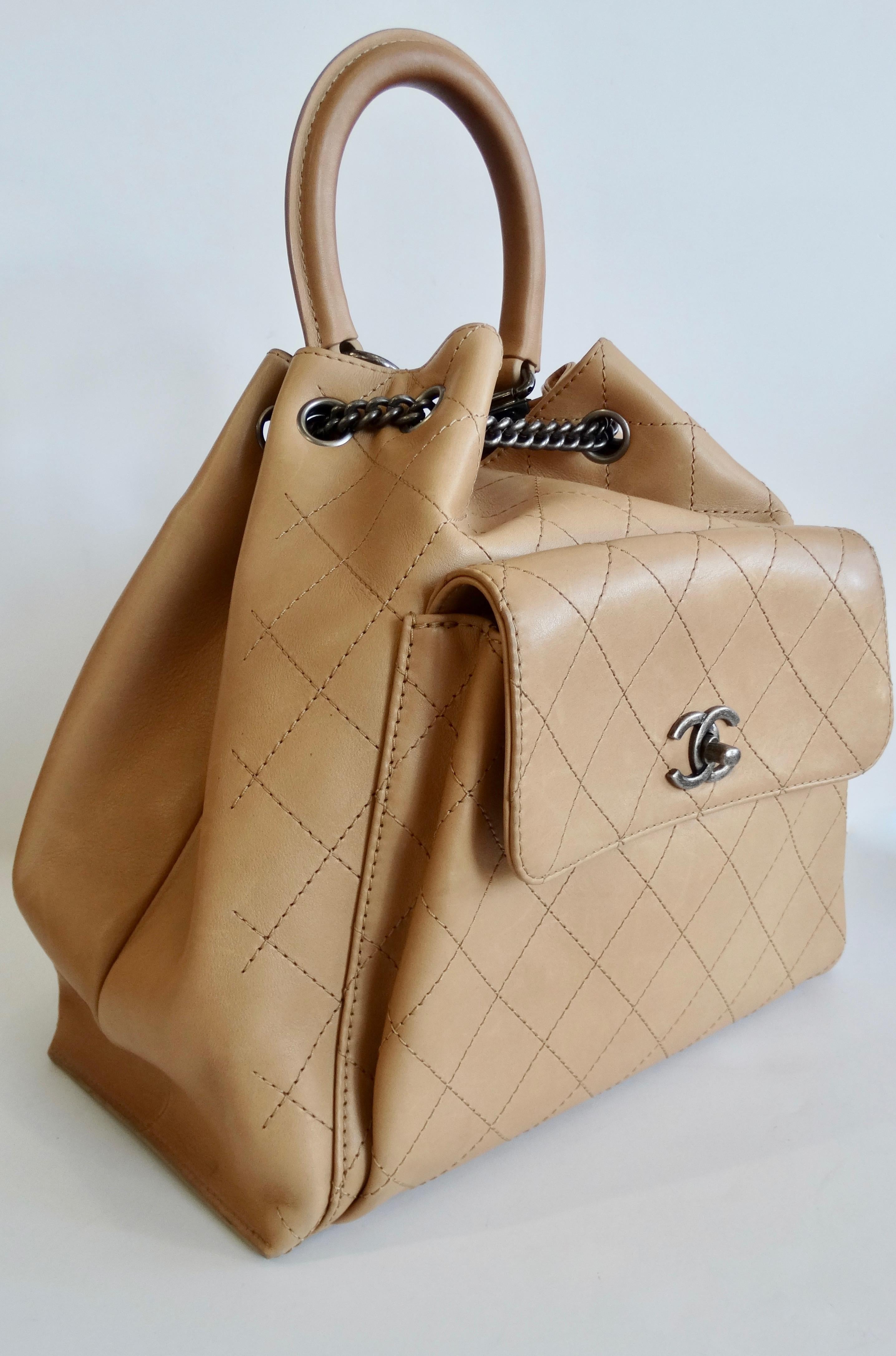 Chanel 2016 Tan Quilted Drawstring Backpack  4