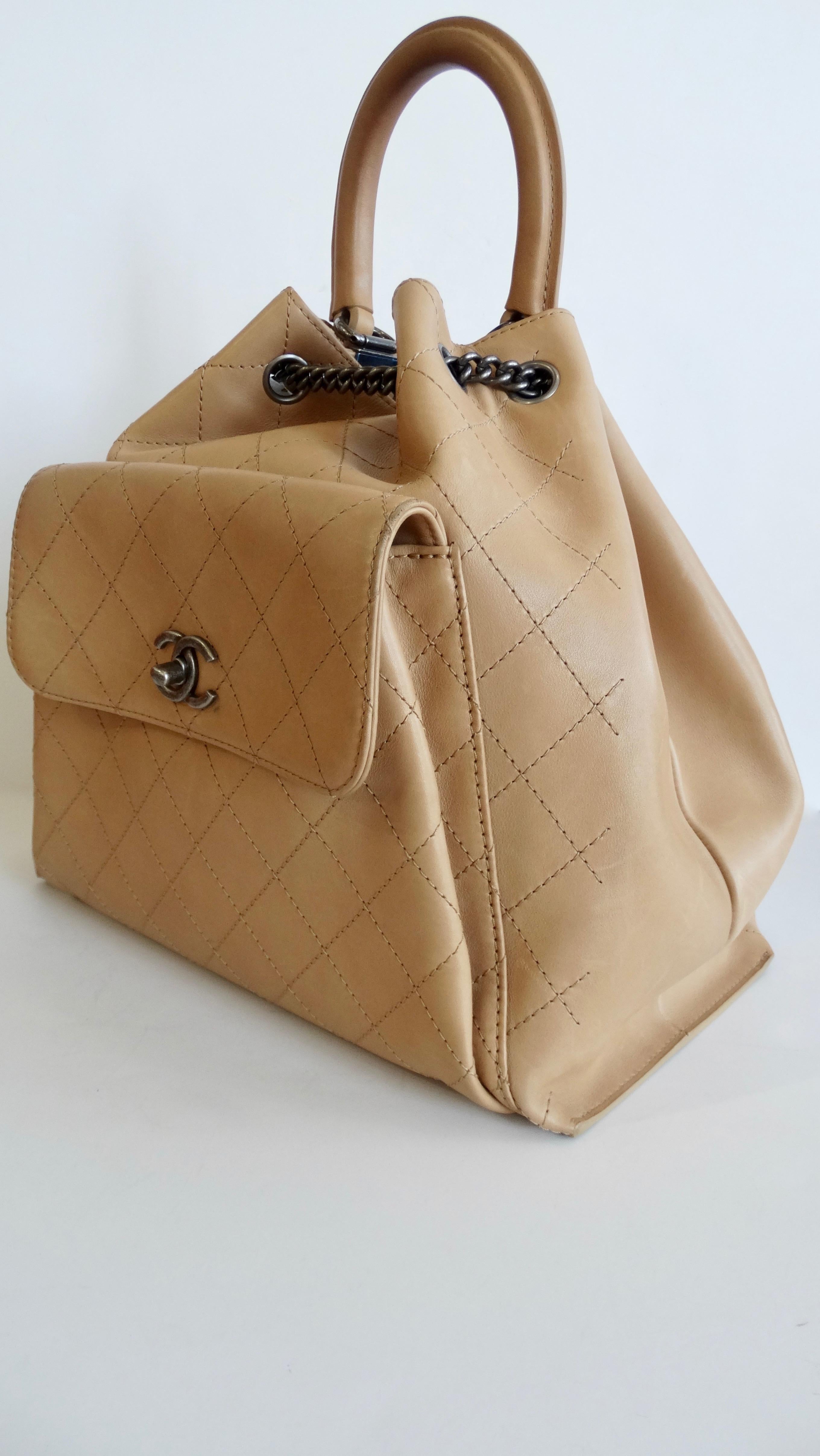 Chanel 2016 Tan Quilted Drawstring Backpack  In Good Condition In Scottsdale, AZ