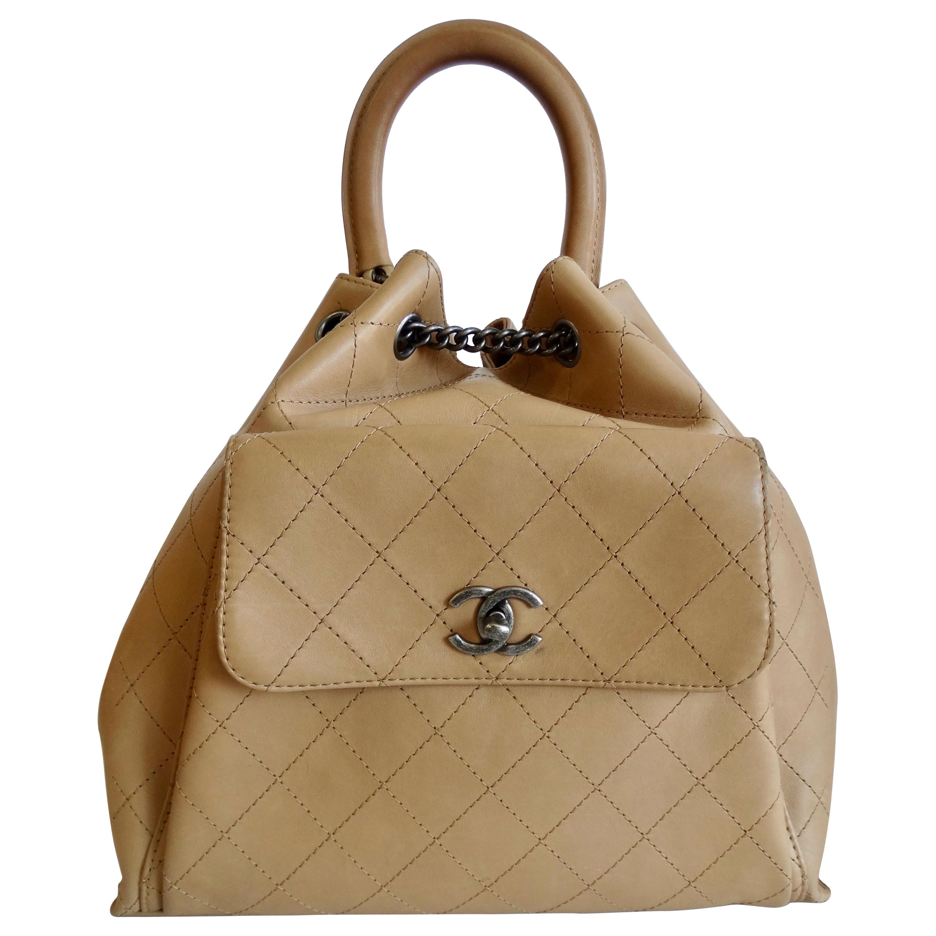 Chanel 2016 Tan Quilted Drawstring Backpack 