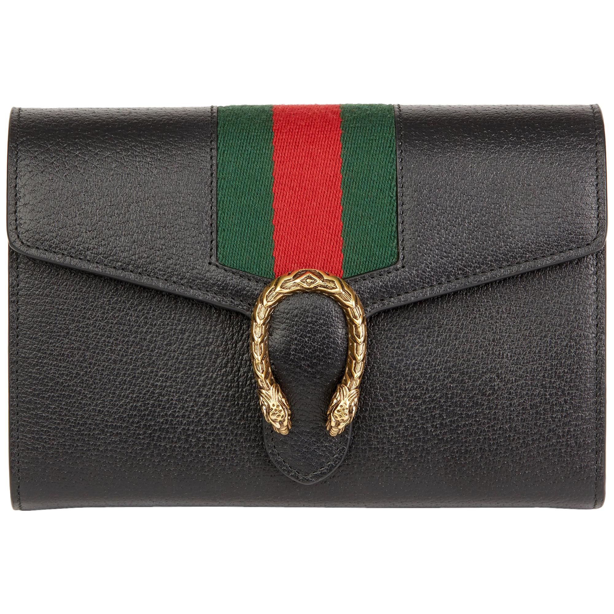 2016 Gucci Black Calfskin Leather Web Mini Dionysus Wallet on Chain