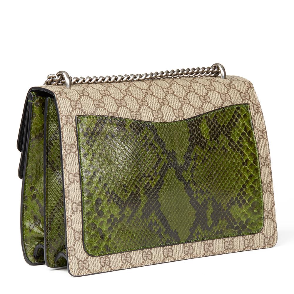 2016 Gucci GG Supreme Coated Canvas & Green Python Leather Medium Dionysus In Excellent Condition In Bishop's Stortford, Hertfordshire