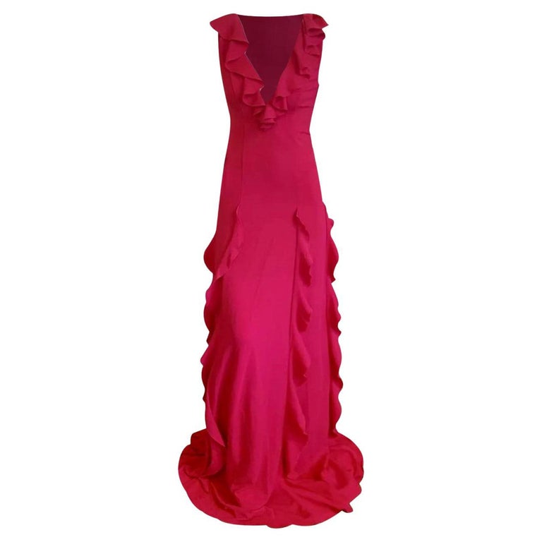 gucci pink ruffle dress 2016 GUCCI PINK RUFFLE STRETCH EVENING VISCOSE GOWN DRESS Size EU 40 at  1stDibs