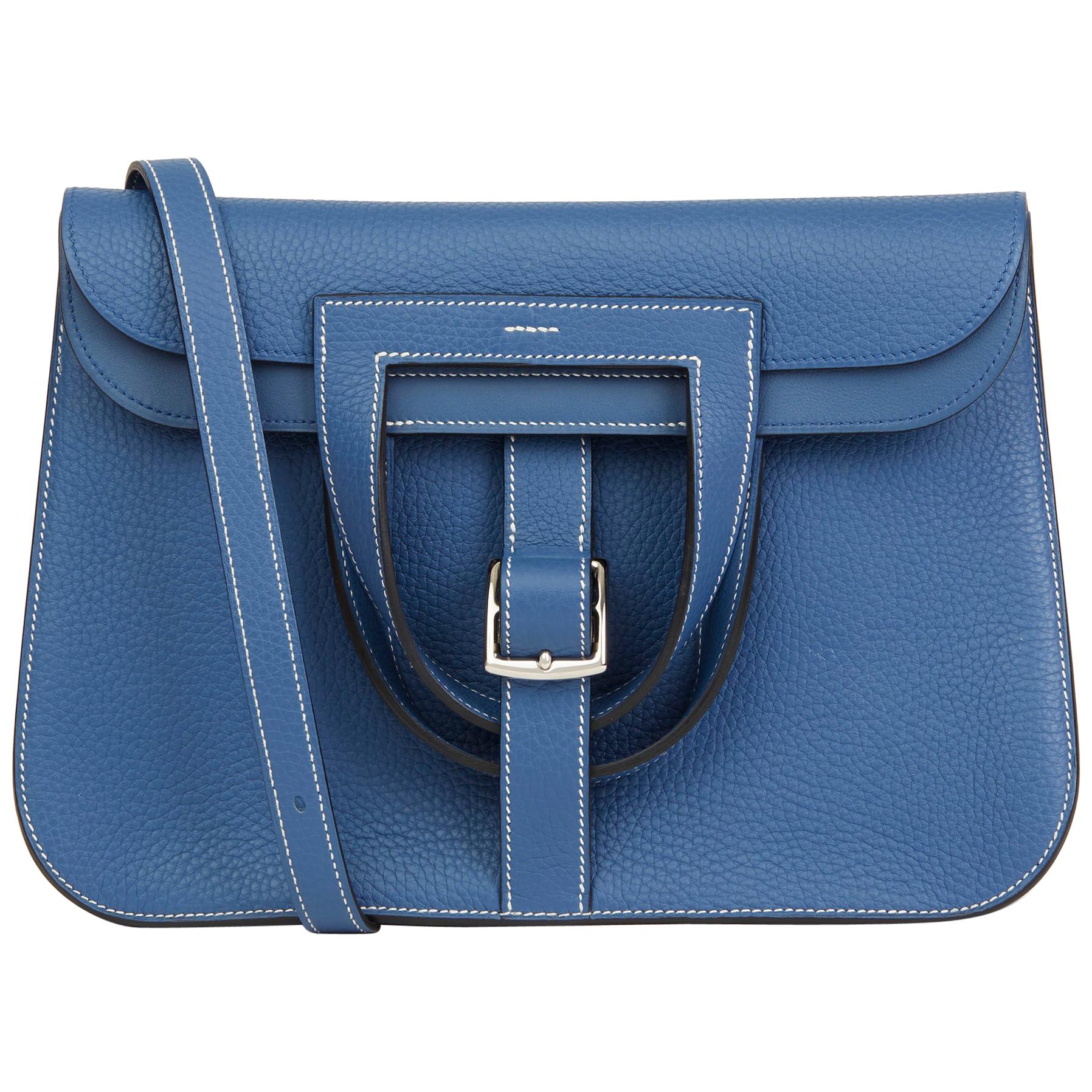 Replica Hermes Halzan 31cm Bag In Blue Agate Clemence Leather