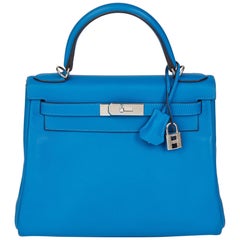 2016  Hermès Blue Hydra Evercolour Leather Kelly 28cm Retourne  