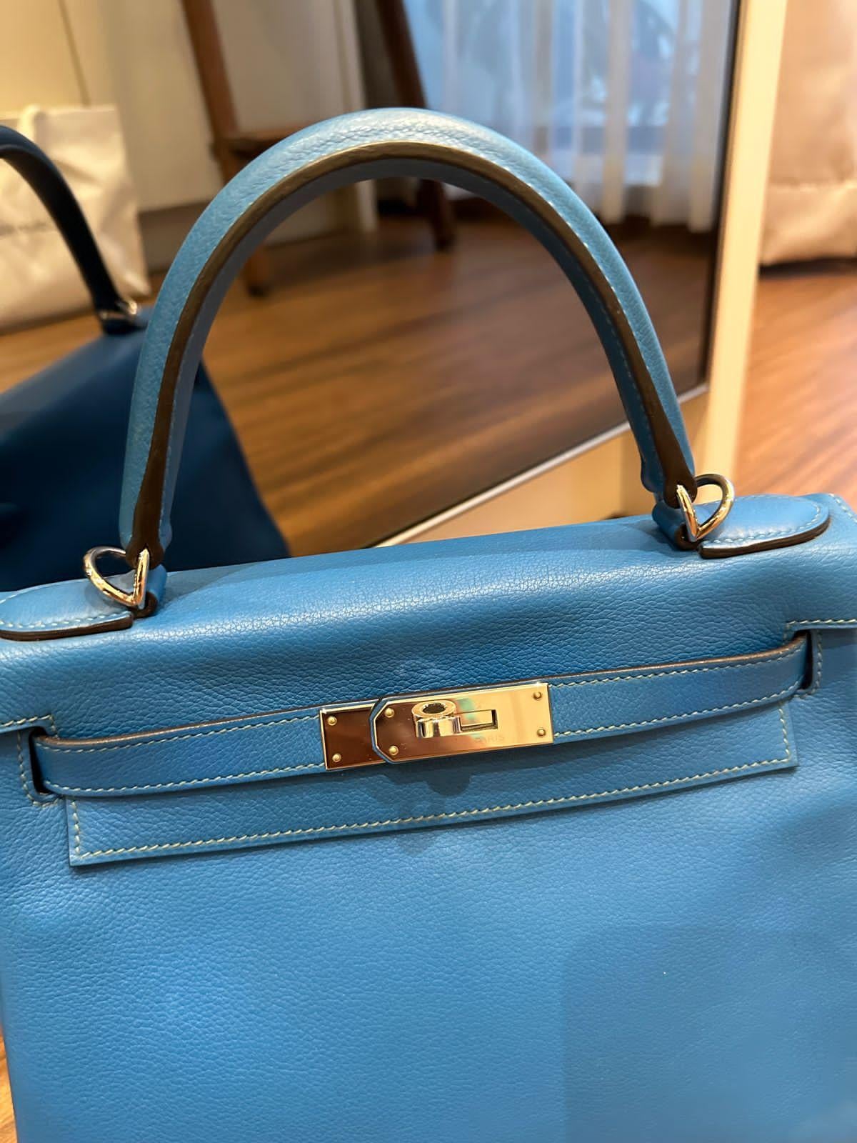 2016 Hermes Blue Zanzibar Evercolor Kelly 28 Bag For Sale 10