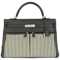 2016 Hermès Vert Fonce Swift Leather & Vert Anglais Ecru Canvas Riga Kelly 35cm