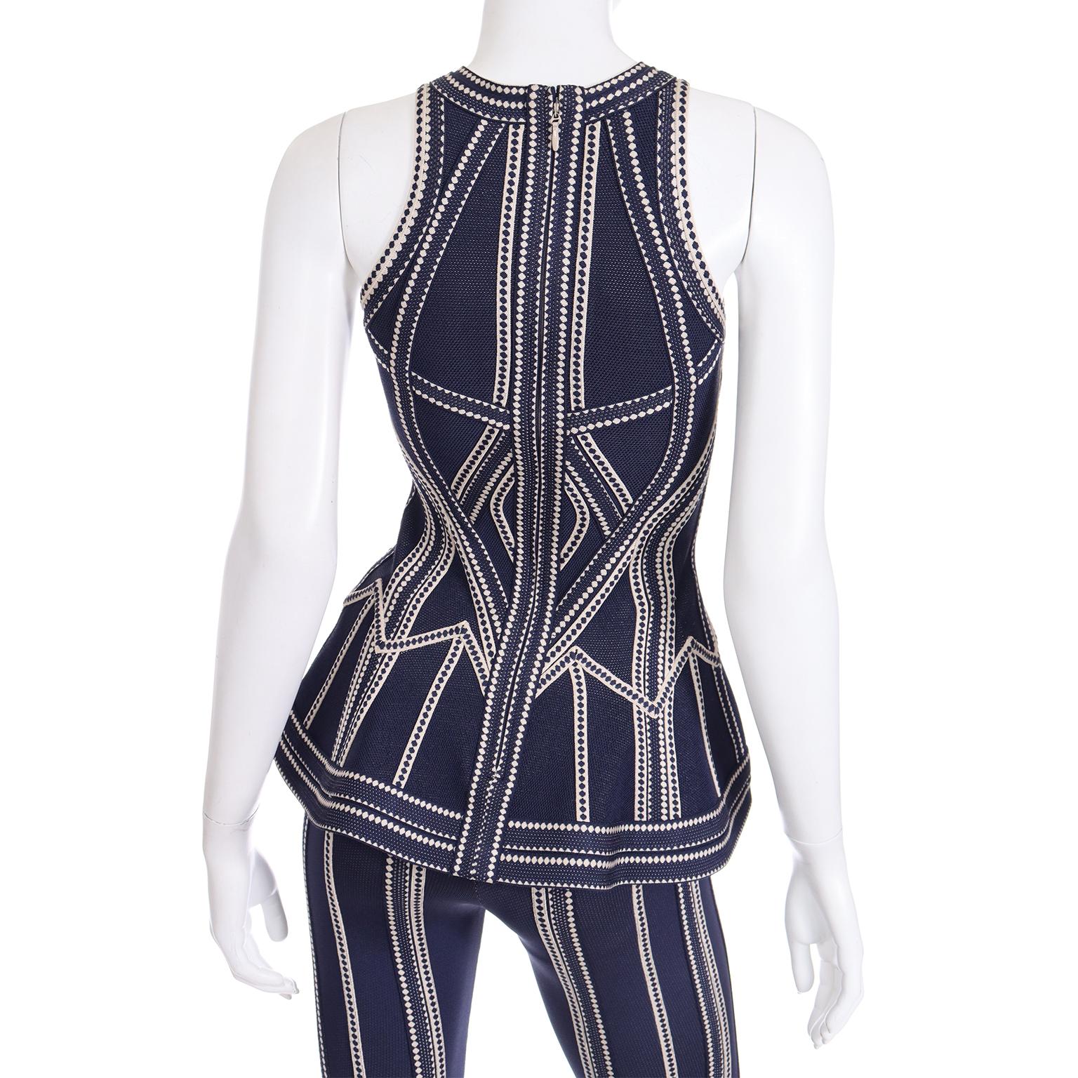 2016 Herve Leger Vintage Blue and White Flared Pants & Cutout Top Runway Outfit For Sale 3