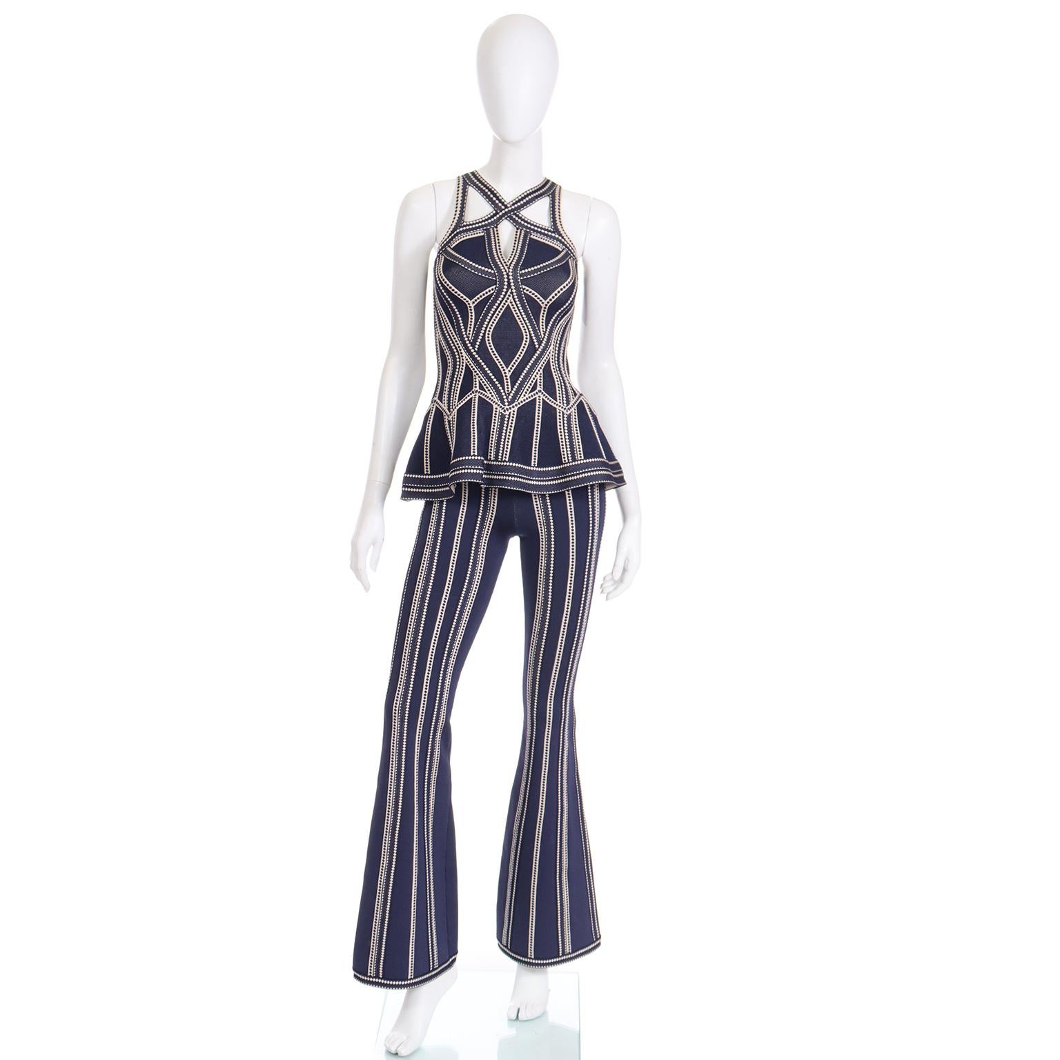 Nero 2016 Herve Leger Vintage Pantaloni svasati blu e bianchi e top con ritagli