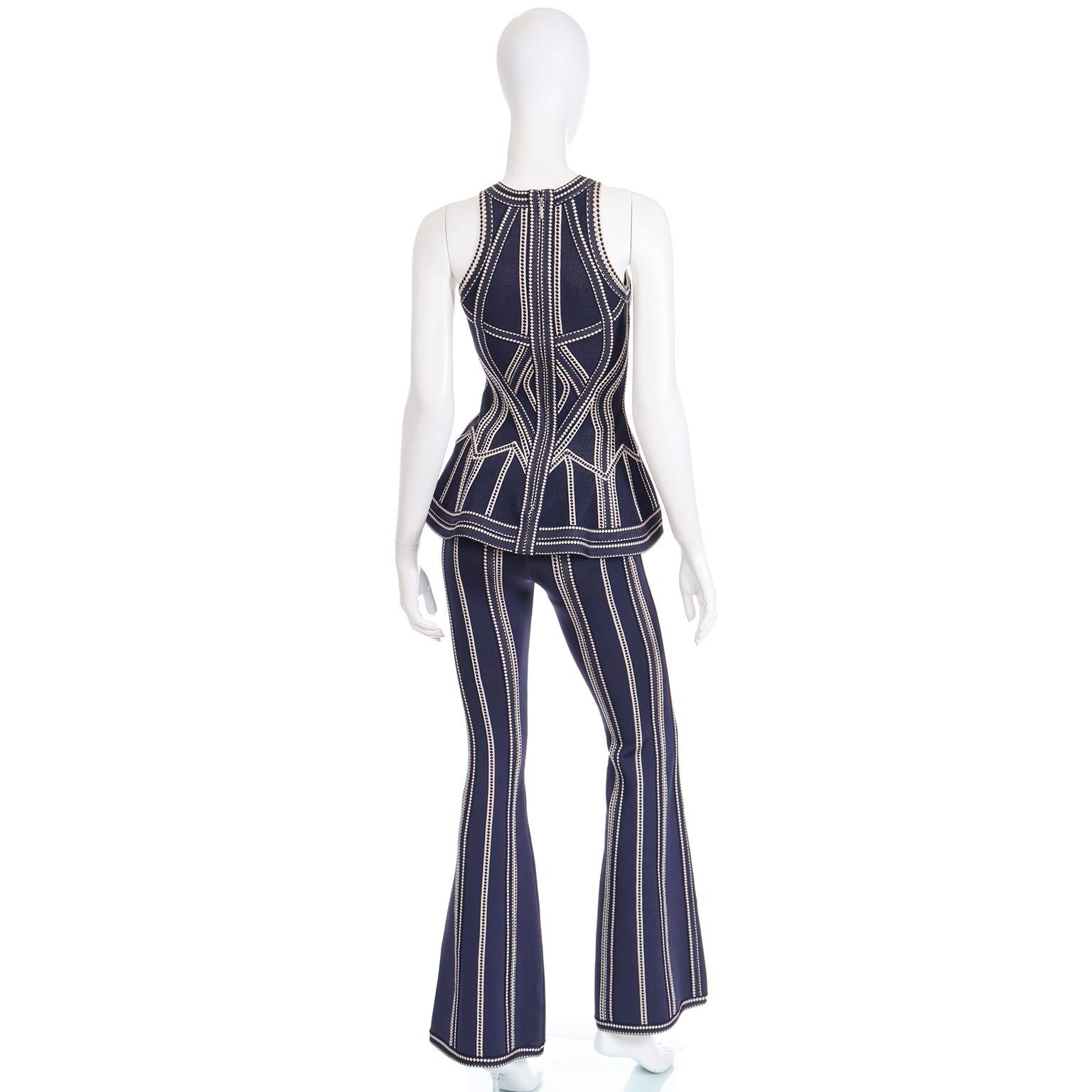 Black 2016 Herve Leger Vintage Blue and White Flared Pants & Cutout Top Runway Outfit For Sale