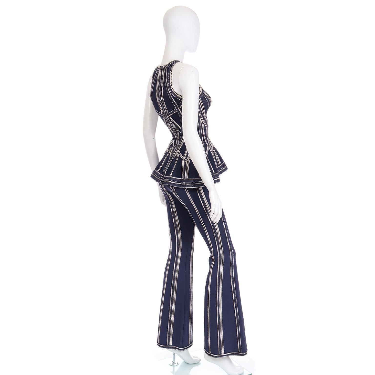 2016 Herve Leger Vintage Blue and White Flared Pants & Cutout Top Runway Outfit In Excellent Condition For Sale In Portland, OR