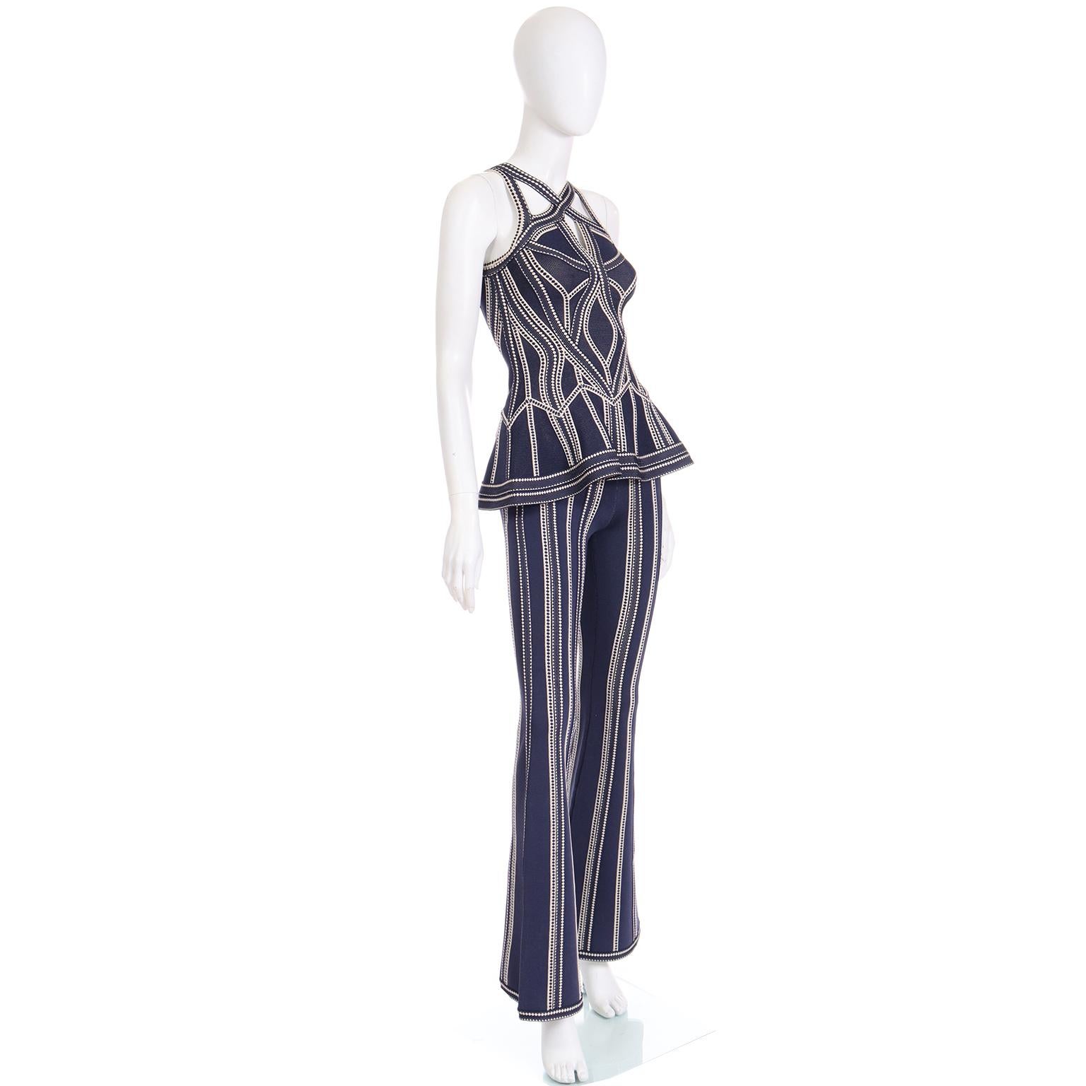 Women's 2016 Herve Leger Vintage Blue and White Flared Pants & Cutout Top Runway Outfit For Sale