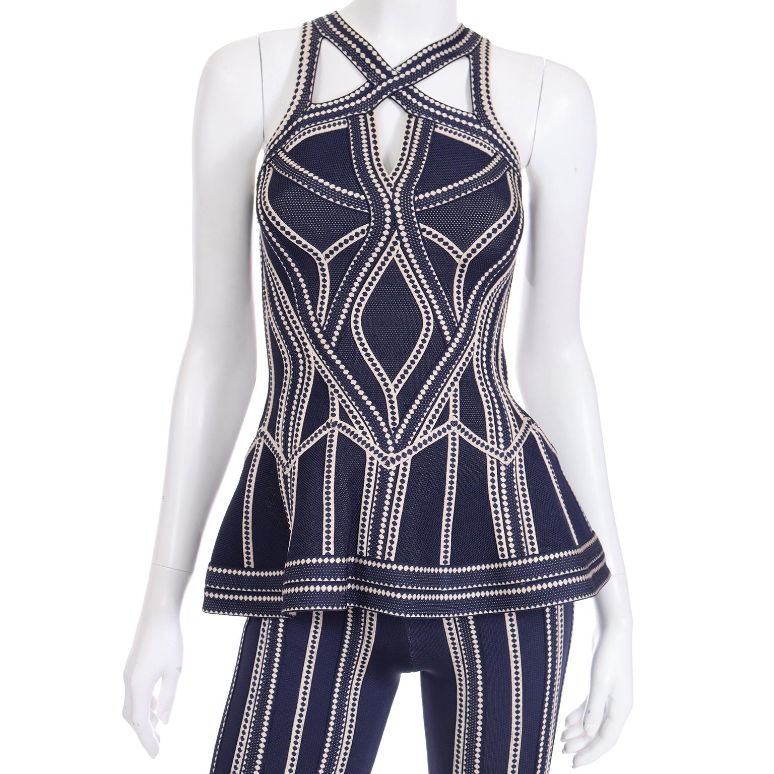 2016 Herve Leger Vintage Blue and White Flared Pants & Cutout Top Runway Outfit For Sale 1