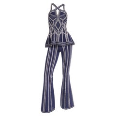 2016 Herve Leger Retro Blue and White Flared Pants & Cutout Top Runway Outfit