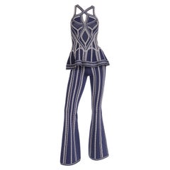 Herve Leger - Ensemble de défilé vintage bleu et blanc avec pantalon évasé et haut à découpes, 2016