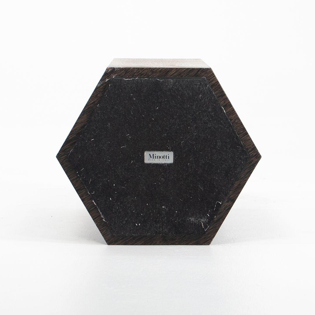 This is an ‚ÄòAeron‚Äô side table, designed by Rodolfo Dordoni for Minotti in 2016. The piece was manufactured in Italy. It is hexagonal in form, and has what appears to be a Wenge wood finish. The solid core is composed of MDF with miter folding. 
