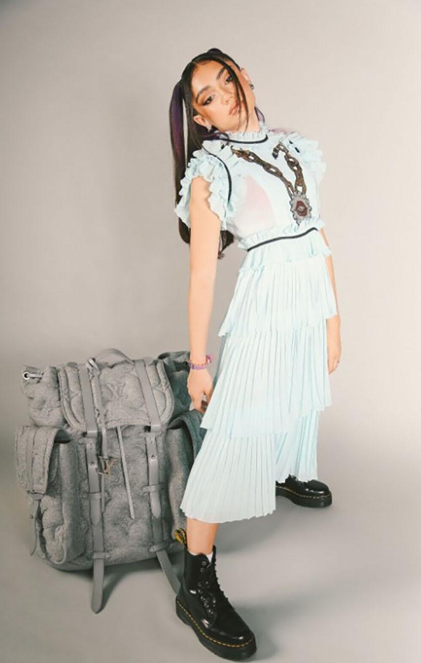 2016 Pre-Fall GUCCI 

Gucci “dream blue sky” ruffle applique dress. 
Layer upon layer of sheer, plissé pleated silk is used for dramatic effect. 
At the collar and sleeves the silk is ruffled for an ultra-feminine look. 
The house delivers signature