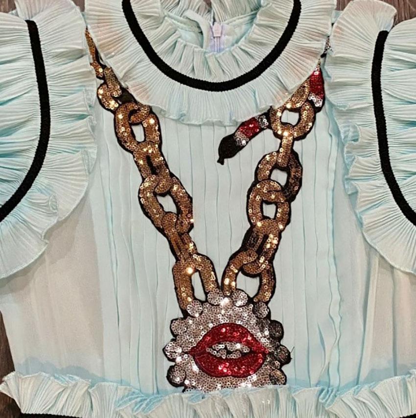Women's 2016 Pre-Fall GUCCI BLUE SILK RUFFLE SEQUIN APPLIQUE DRESS