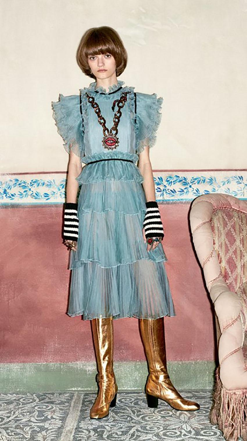 2016 Pre-Fall GUCCI BLUE SILK RUFFLE SEQUIN APPLIQUE DRESS 1