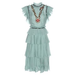 2016 Pre-Fall GUCCI BLUE SILK RUFFLE SEQUIN APPLIQUE DRESS