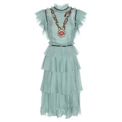 2016 Pre-Fall GUCCI BLUE SILK RUFFLE SEQUIN APPLIQUE DRESS 