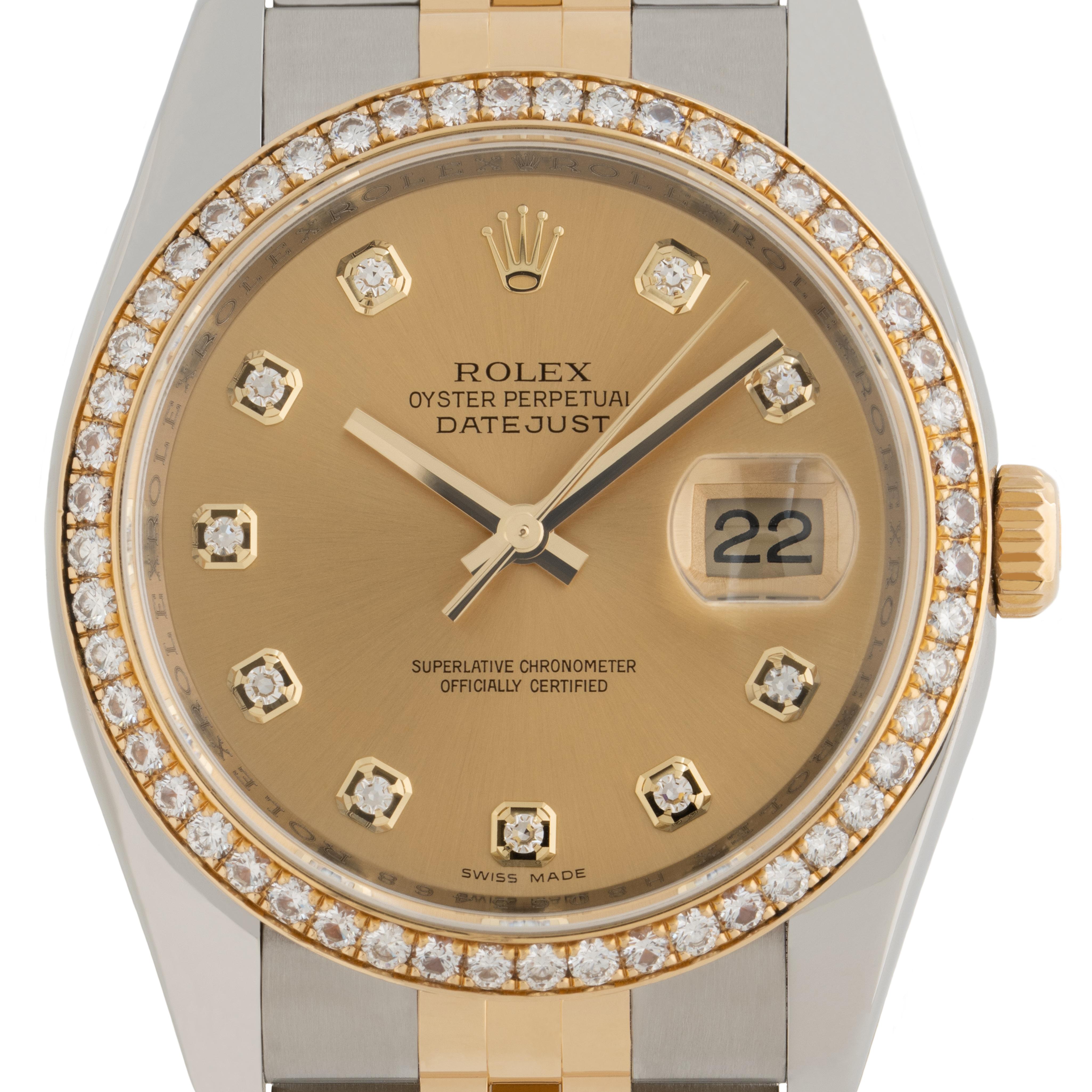 2014 Rolex DateJust Stainless Steel and 18 Karat Gold and Original Diamond Dial Model 116243 
c.2014

Includes original Rolex card.
Diamond Dial and Markers are all original Rolex
36mm Case

Stephanie Windsor guarantees the proper functioning of