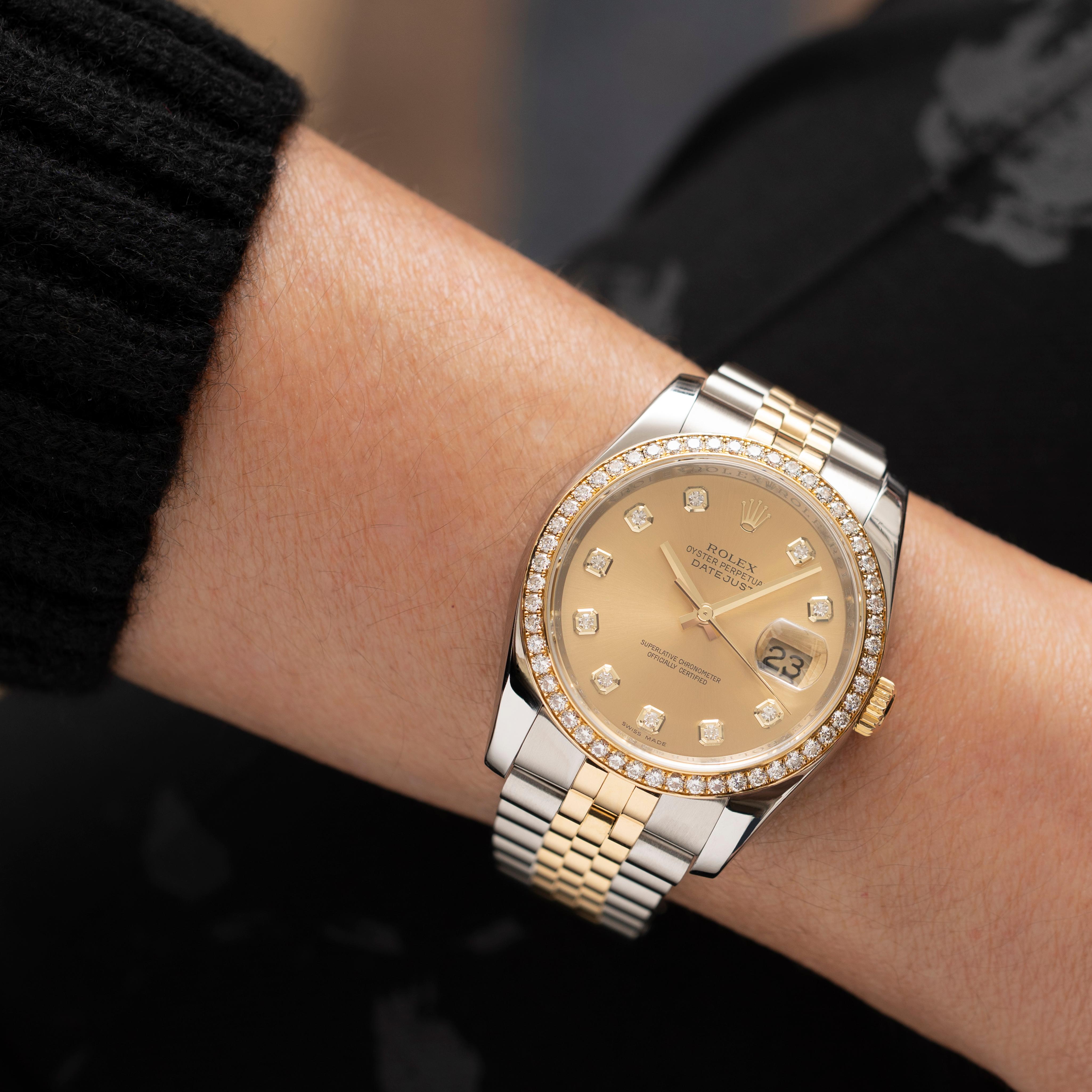 Modern 2014 Rolex DateJust Stainless Steel 18K Gold and Diamonds Model 116243 Papers For Sale