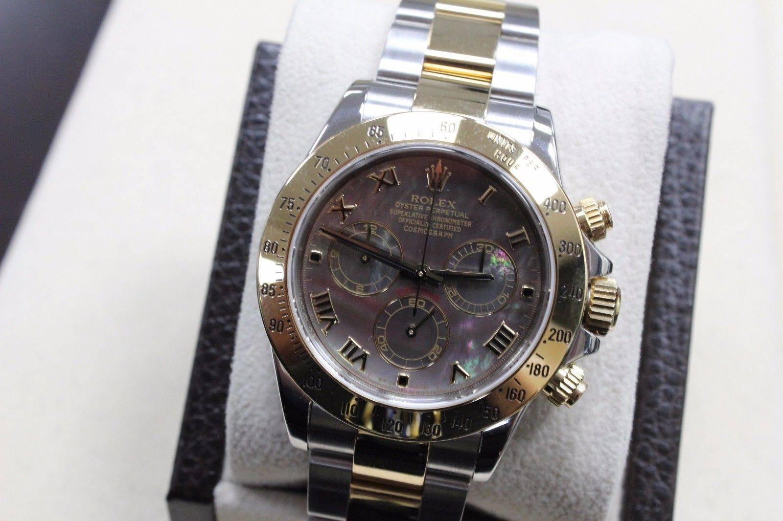 2016 Rolex Daytona 116523 18 Karat Gold and Stainless Black Mother-of-Pearl Dial In Excellent Condition In San Diego, CA