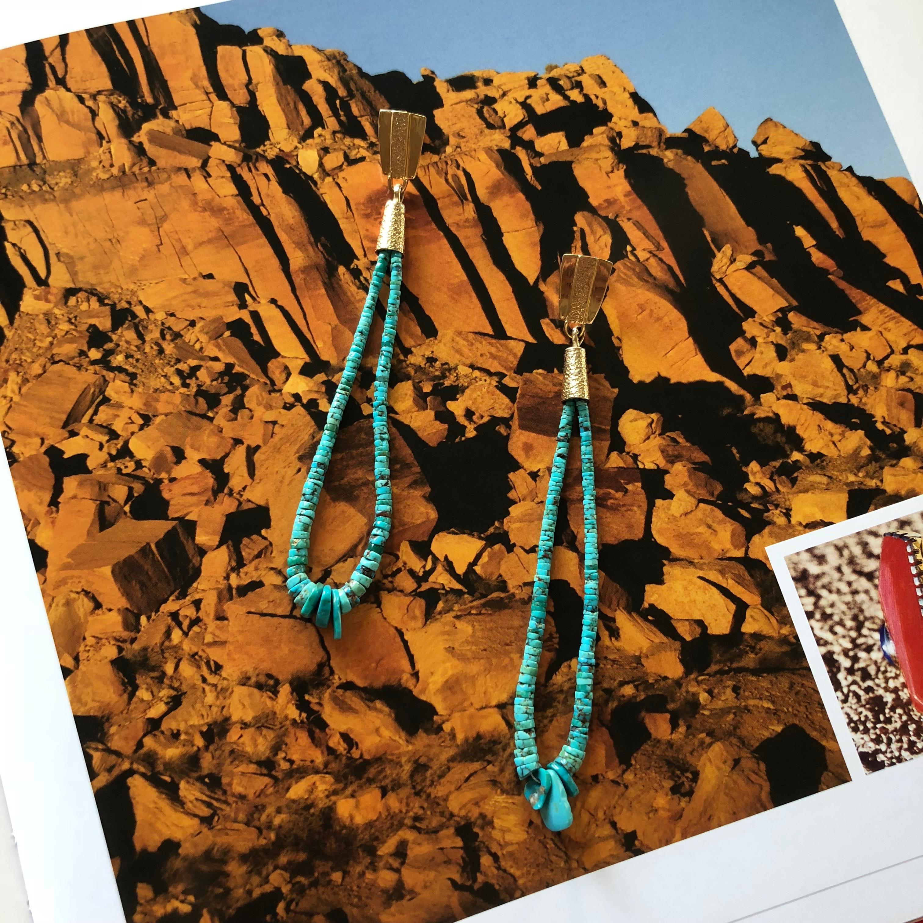 Native American 2016 Sonwai, Turquoise Heishi Bead and Gold Jacla Earrings