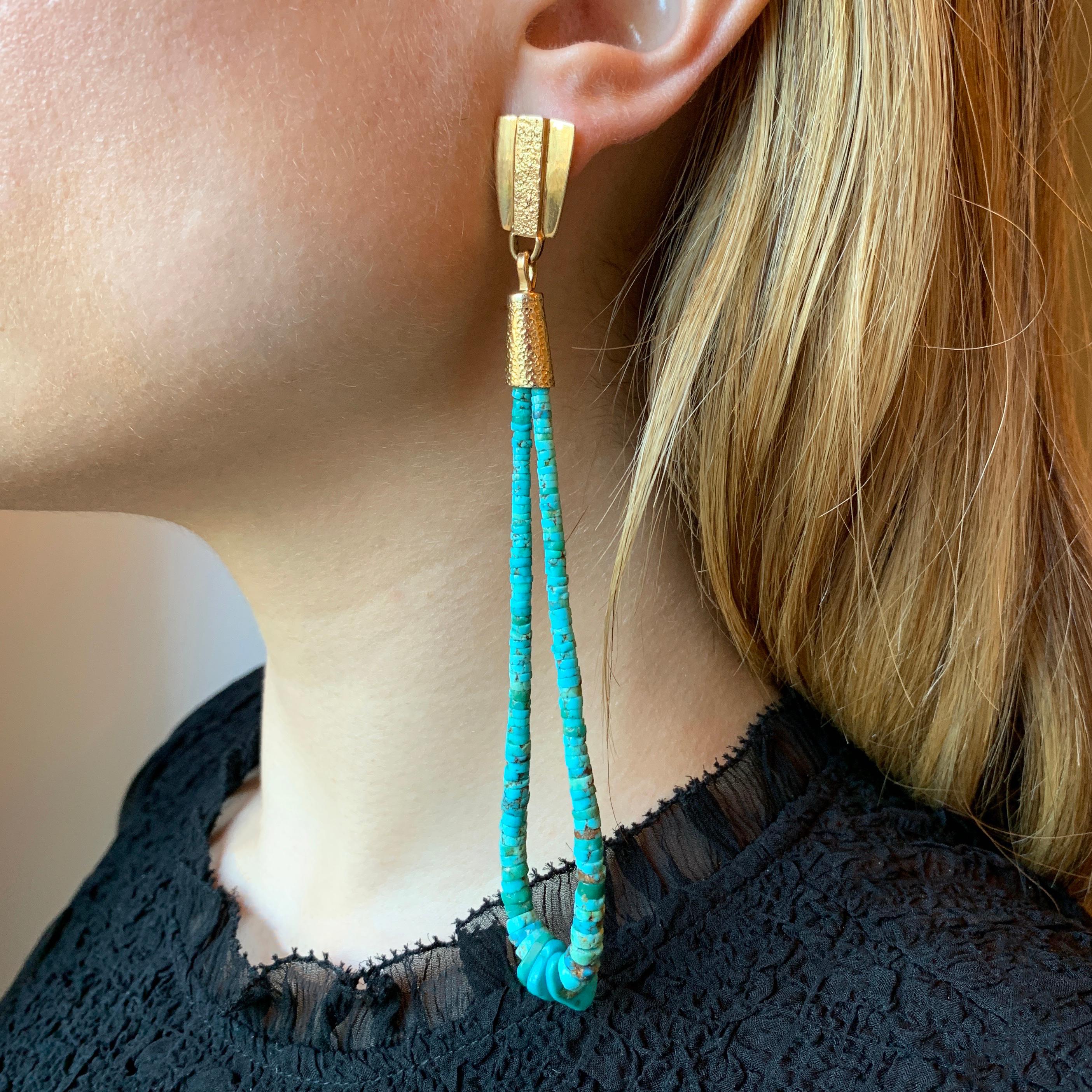 2016 Sonwai, Turquoise Heishi Bead and Gold Jacla Earrings In Excellent Condition In New York, NY