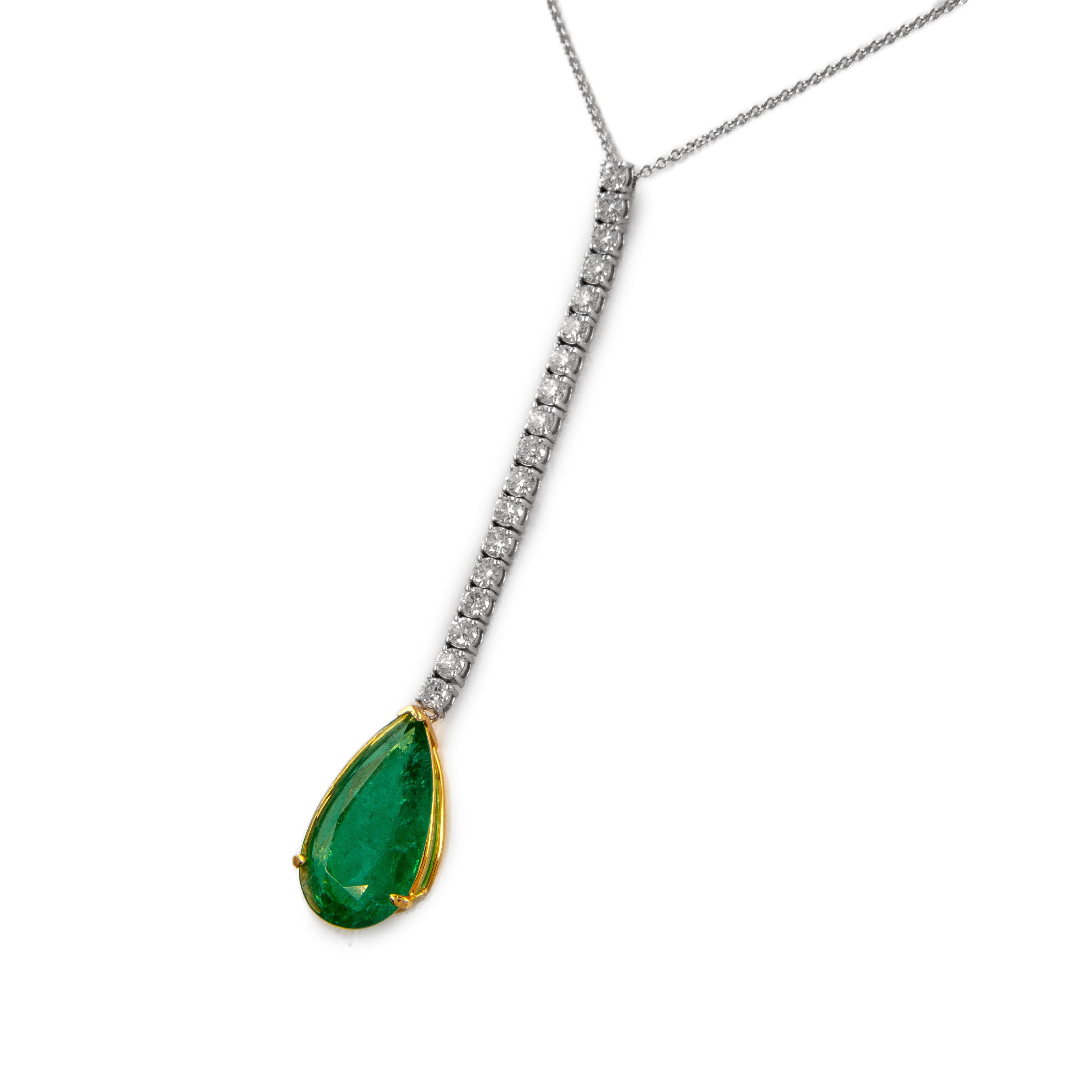 Contemporary 20.16ct Pear Emerald with Diamond Halo 18k White Gold Pendant Necklace For Sale