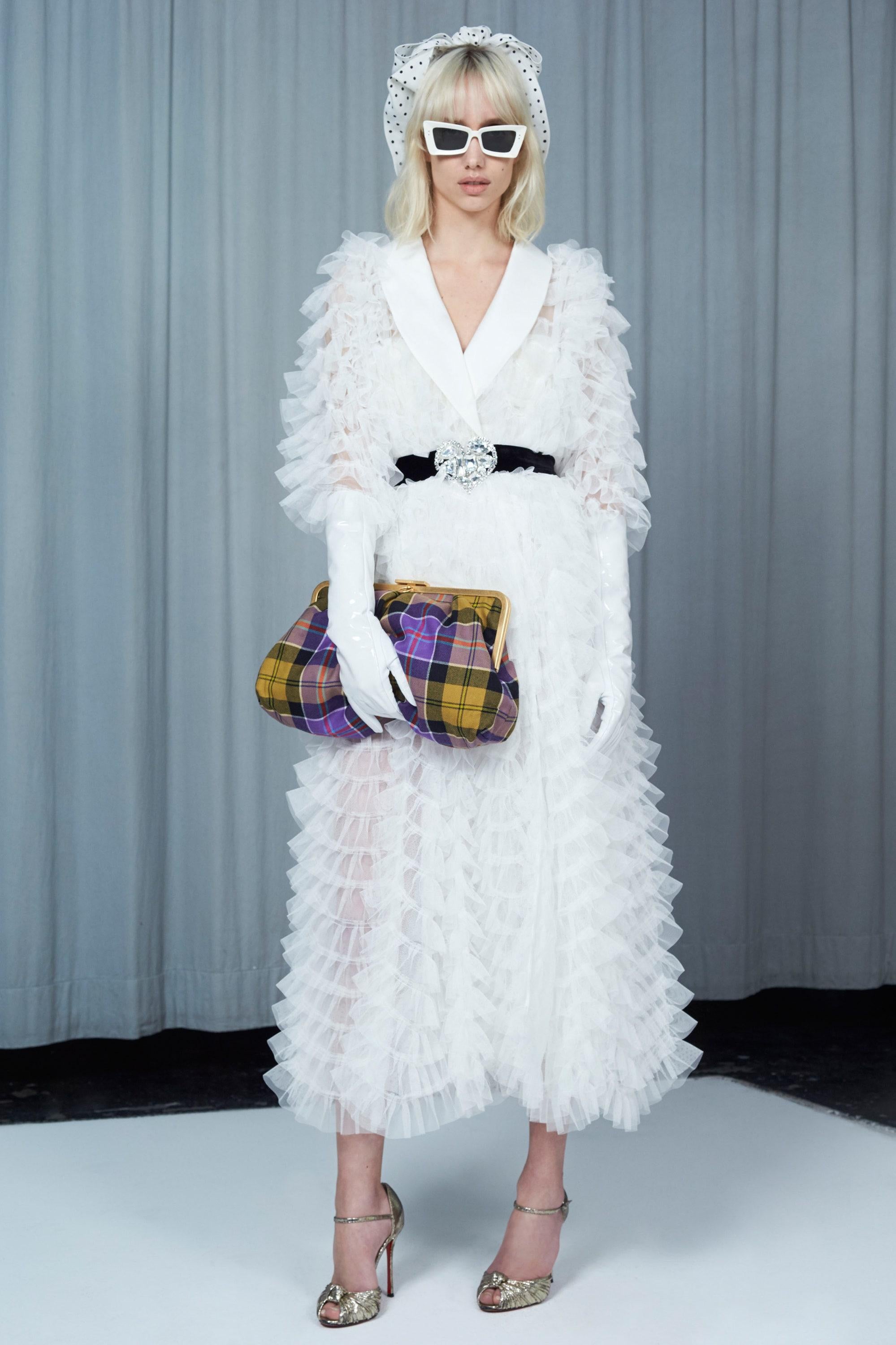 2017 Alessandra Rich Documented White Ruffle Tulle Long Jacket For Sale 1