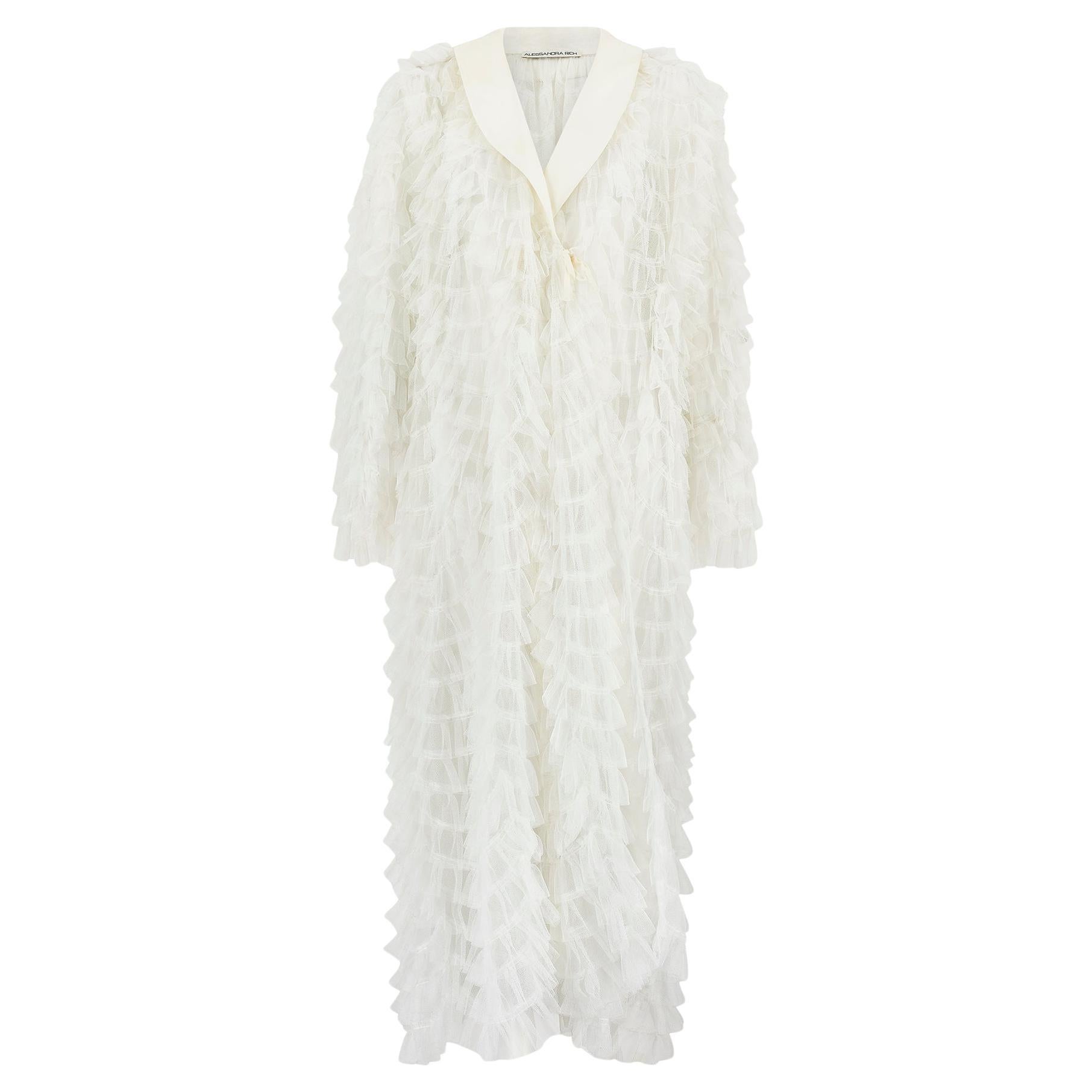 2017 Alessandra Rich Documented White Ruffle Tulle Long Jacket For Sale