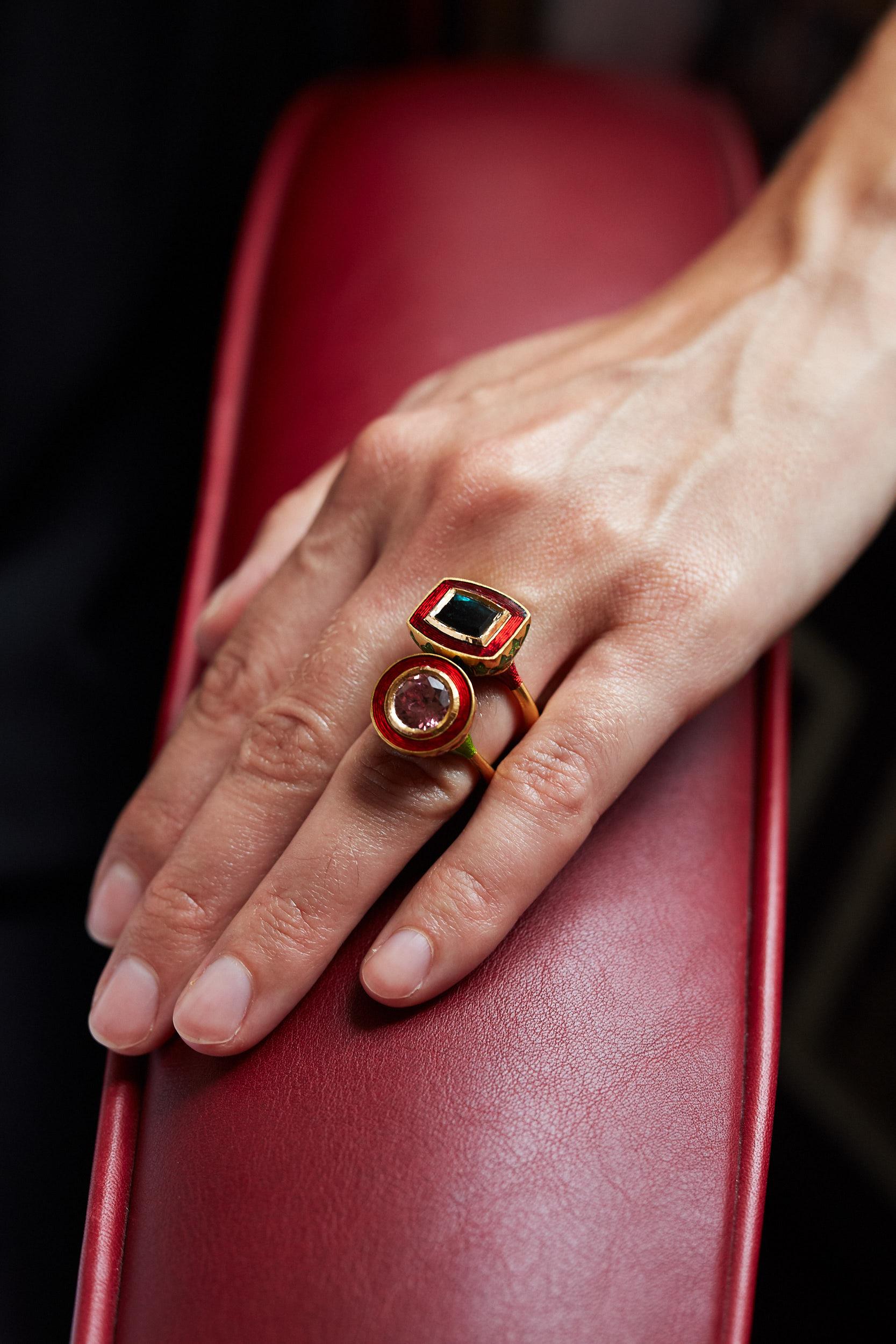 Contemporary 2017 Alice Cicolini Tourmaline, Gold and Enamel Jodhpur Miniature Leaf Ring