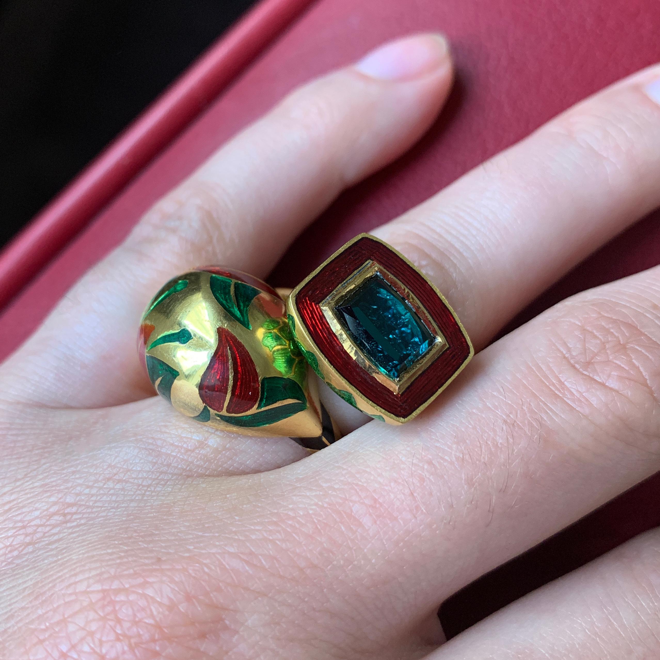 Emerald Cut 2017 Alice Cicolini Tourmaline, Gold and Enamel Jodhpur Miniature Leaf Ring