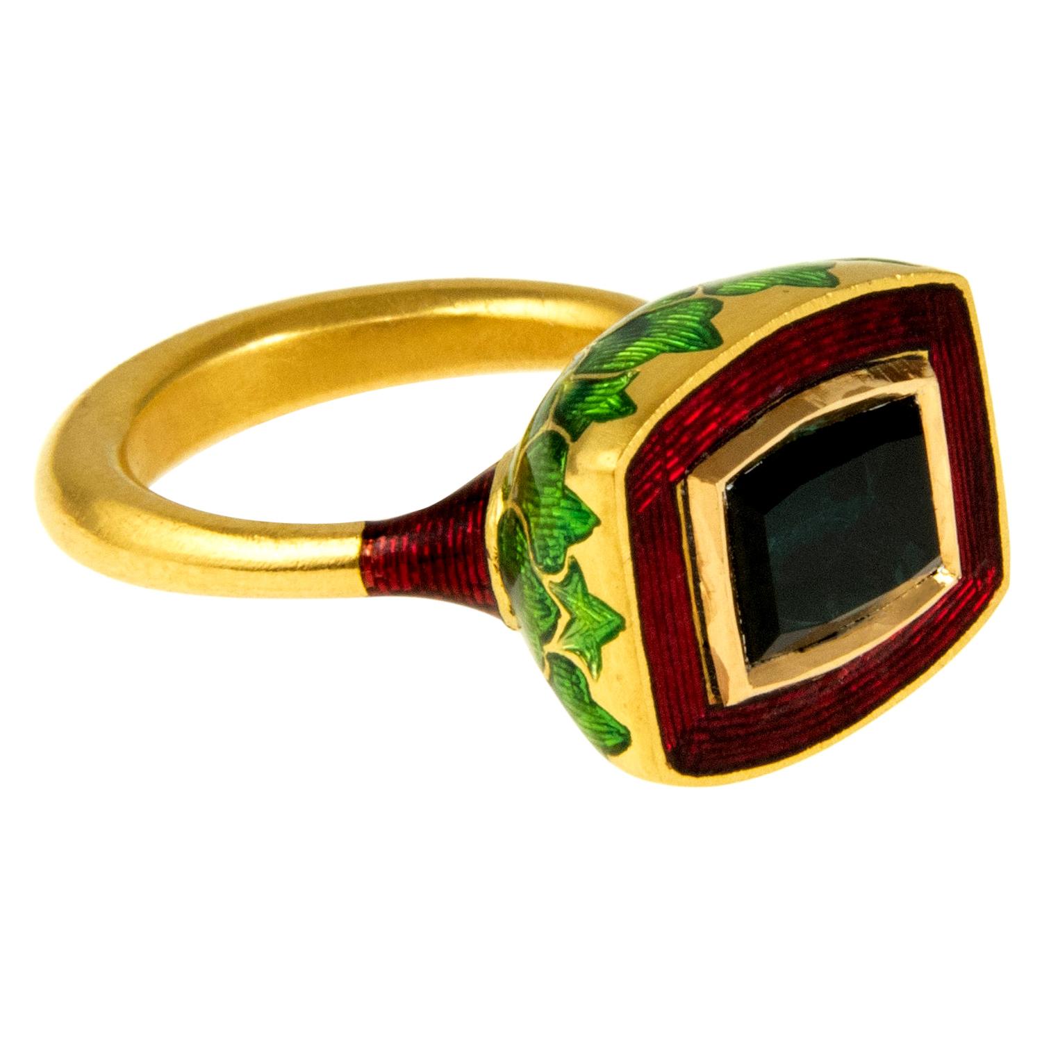 2017 Alice Cicolini Tourmaline, Gold and Enamel Jodhpur Miniature Leaf Ring